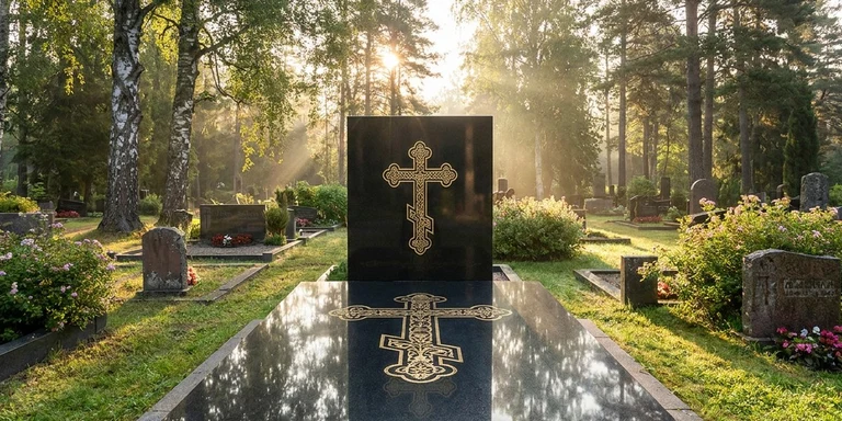 Гравировка креста на памятнике в Калининграде — православный восьмиконечный крест на граните
