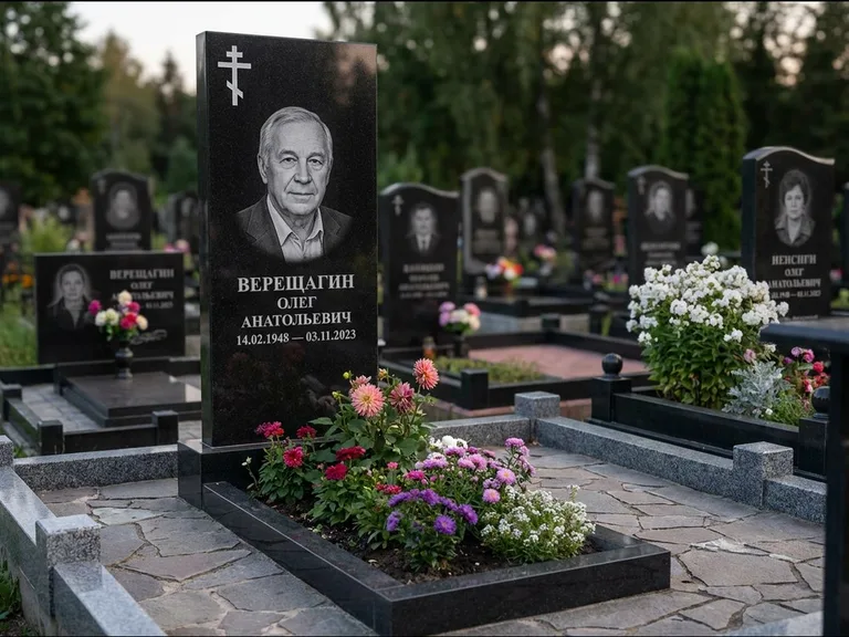 Памятник из чёрного гранита — горизонтальная плита-стела с православным восьмиконечным крестом, работа «Тихонов» в Калининграде