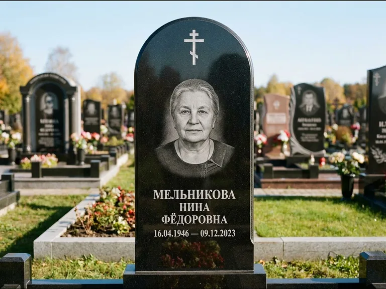 Памятник из чёрного гранита — стела с резным навершием с латинским крестом, работа «Савельева» в Калининграде