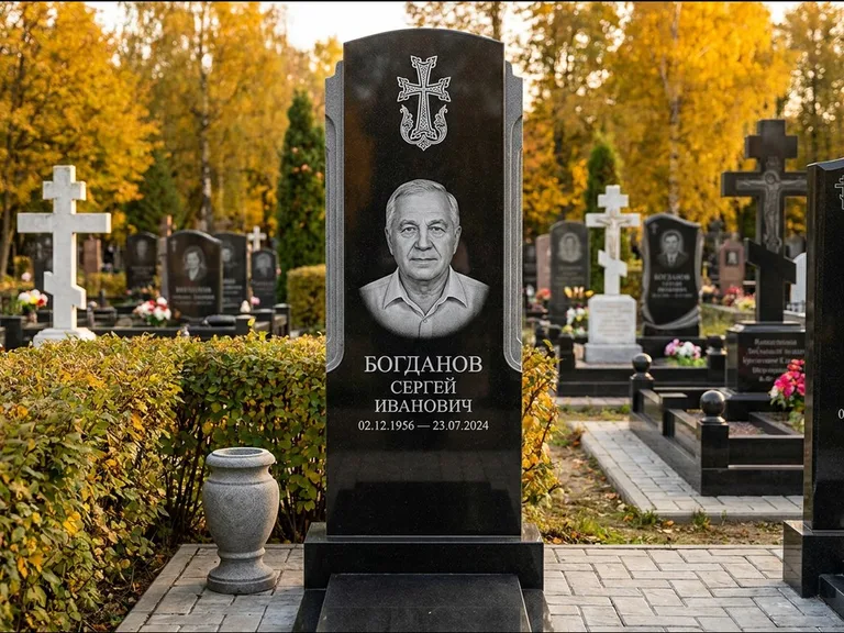 Памятник из чёрного гранита — круглая стела-медальон с армянским хачкаром, работа «Ковалёв» в Калининграде