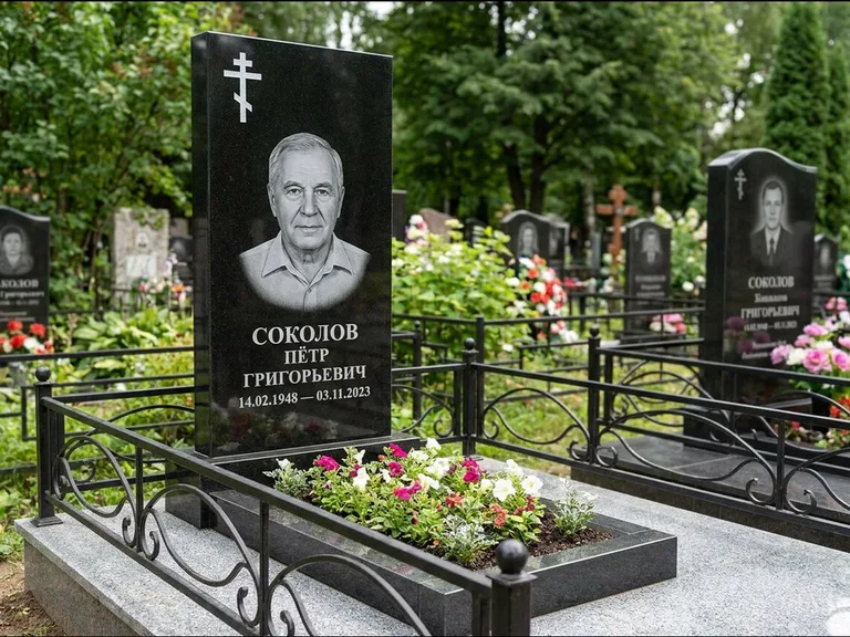 Памятник из чёрного гранита — стела с арочным верхом с православным восьмиконечным крестом, работа «Ковалёв» в Калининграде
