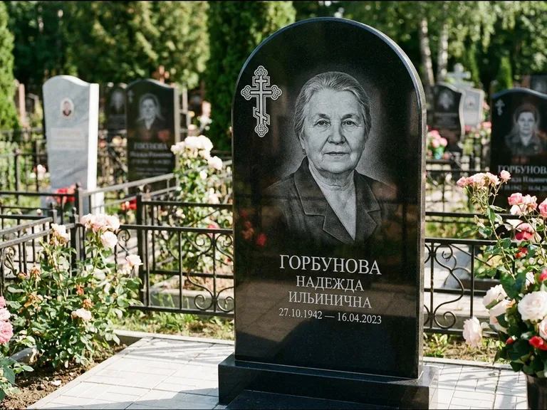 Памятник из чёрного гранита — стела с боковой колонной с крестом в лучах, работа «Мельникова» в Калининграде
