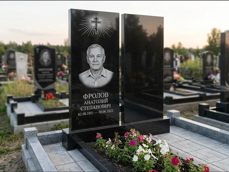 Памятник из чёрного гранита — стела на ступенчатом постаменте с золочёным крестом, работа «Богданов» в Калининграде