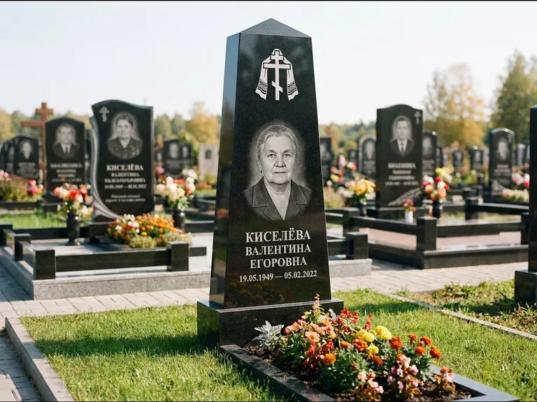 Памятник из чёрного гранита — стела со скошенным верхом с ажурным резным крестом, работа «Селезнёва» в Калининграде