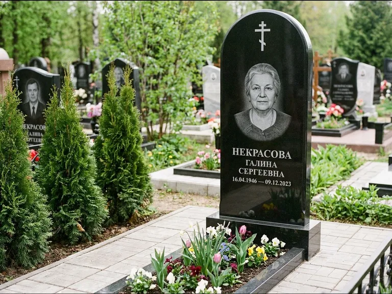 Памятник из чёрного гранита — стела с цветником-плитой с латинским крестом, работа «Лаврентьева» в Калининграде