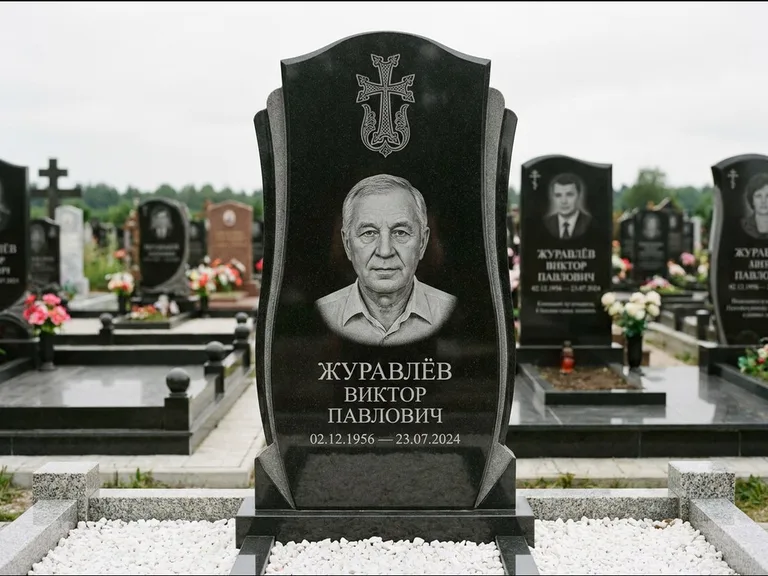 Памятник из чёрного гранита — панорамная стела с армянским хачкаром, работа «Тихонов» в Калининграде
