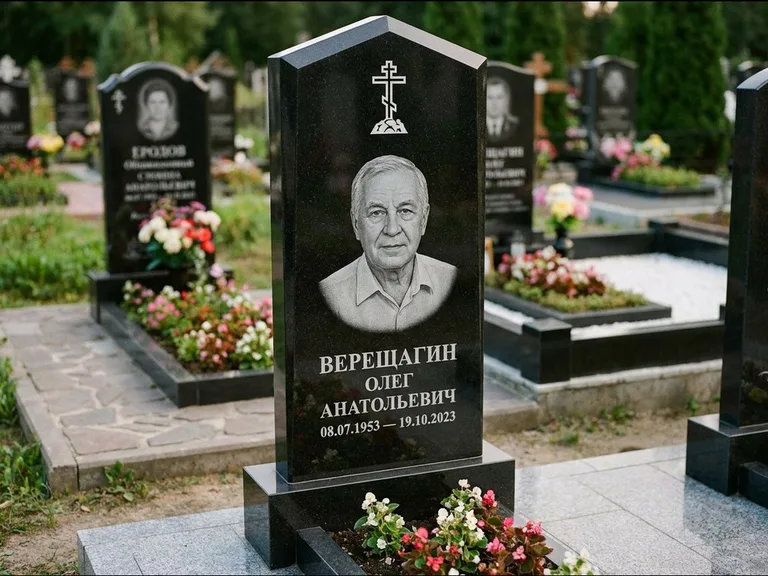 Памятник из чёрного гранита — обелиск-колонна с крестом на Голгофе, работа «Ковалёв» в Калининграде