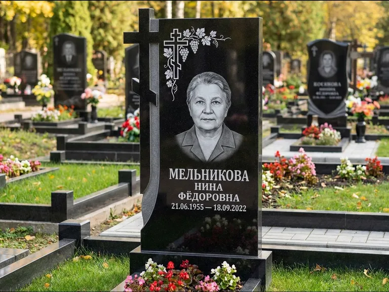 Памятник из чёрного гранита — стела с резной рамкой с крестом с распятием, работа «Некрасова» в Калининграде