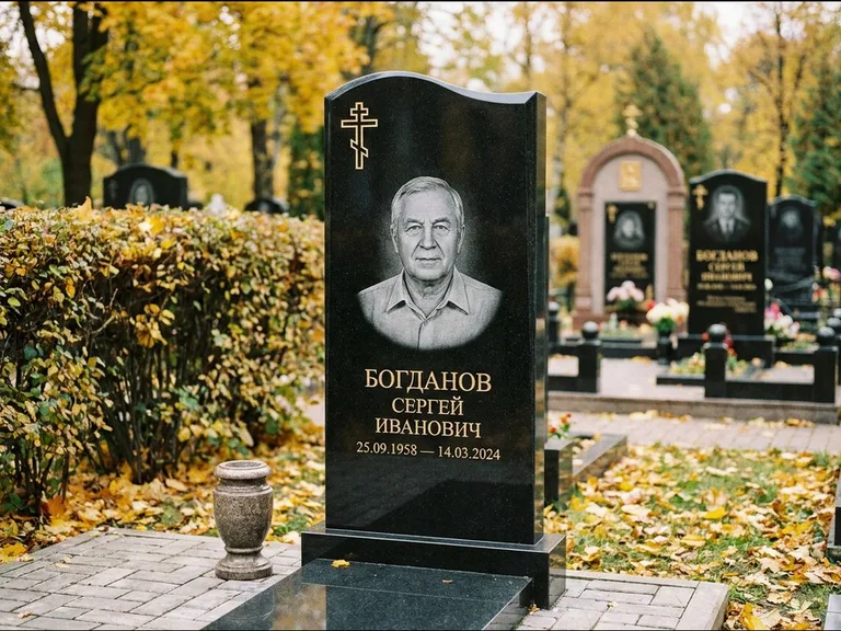 Памятник из чёрного гранита — стела с цветником с процветшим крестом с виноградной лозой, работа «Журавлёв» в Калининграде