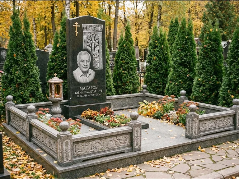 Памятник из чёрного гранита — стела с крестом и лампадой с армянским хачкаром, работа «Гущин» в Калининграде