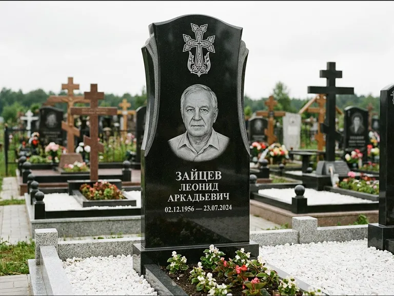 Памятник из чёрного гранита — семейная стела на двоих с армянским хачкаром, работа «Журавлёв» в Калининграде