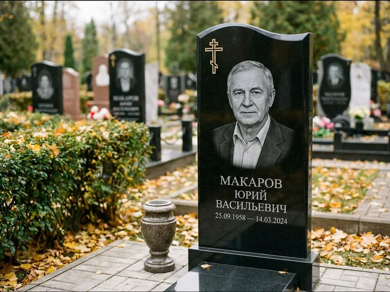 Памятник из чёрного гранита — фигурная стела с киот-нишей с процветшим крестом с виноградной лозой, работа «Богданов» в Калининграде