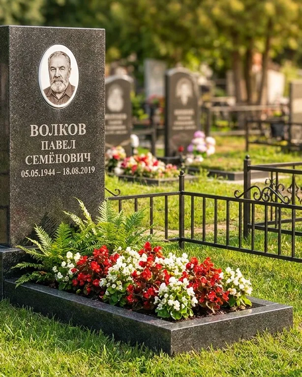 Тёмно-серый памятник под ключ с художественной гравировкой в Калининграде