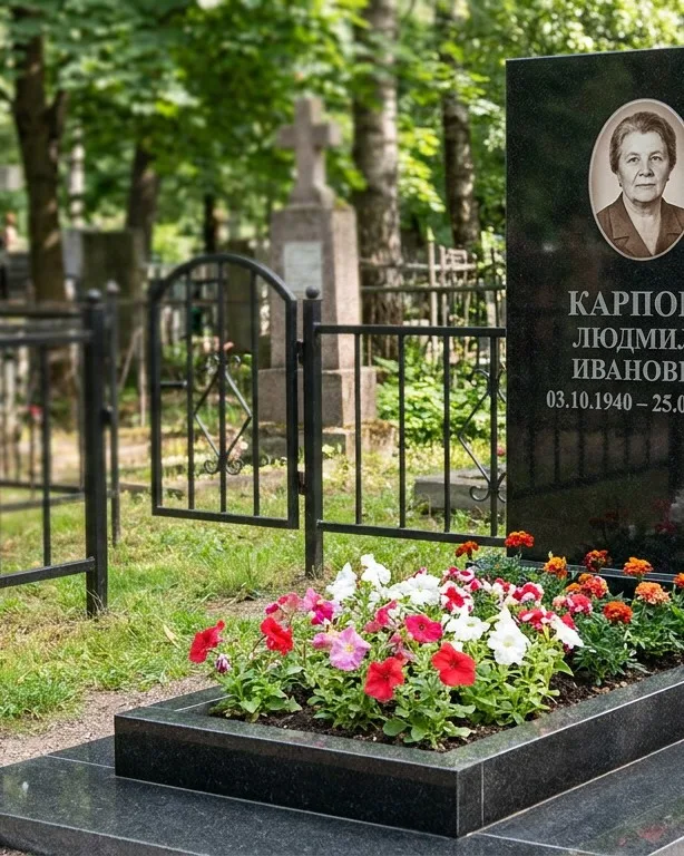 Памятник под ключ с низкой оградой и цветником в Калининграде