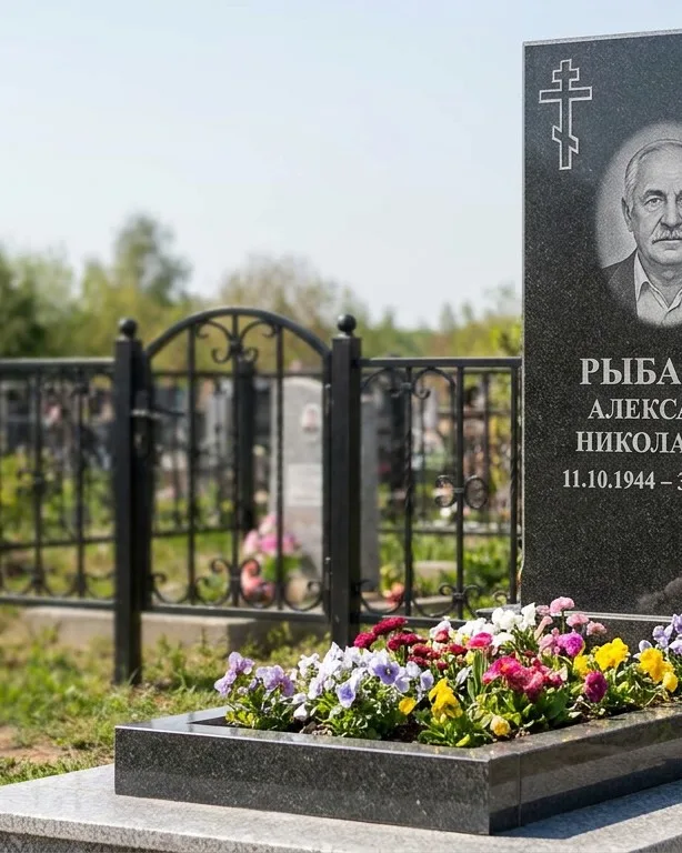 Двойной памятник под ключ с ярким цветником в Калининграде