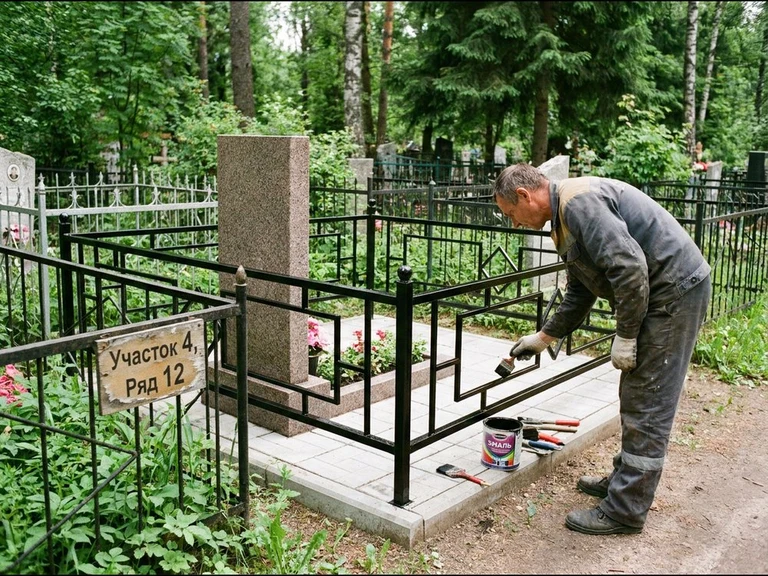 Покраска оградки на кладбище в Калининграде — мастер красит металлическую ограду на могиле чёрной эмалью
