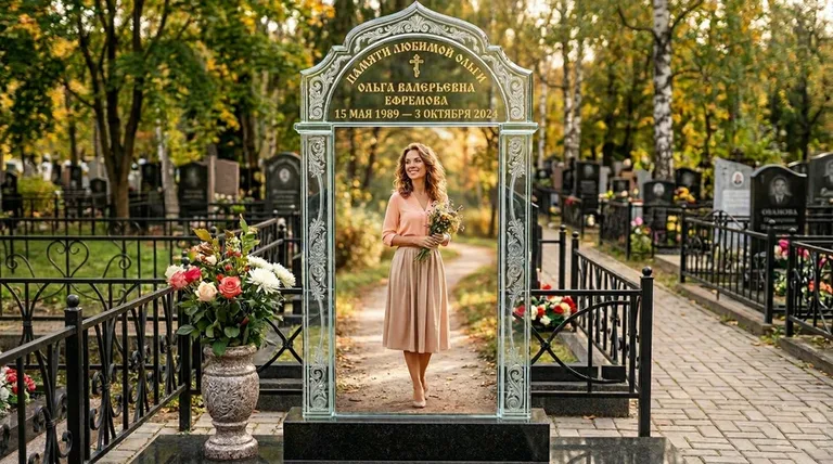 Портрет на стекле в форме арки на памятнике в Калининграде