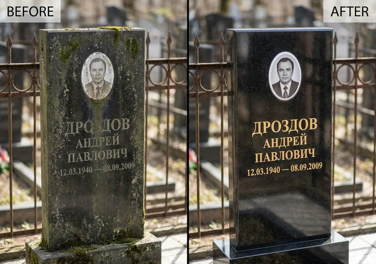 Чистка и полировка гранитного памятника: до и после в Калининграде