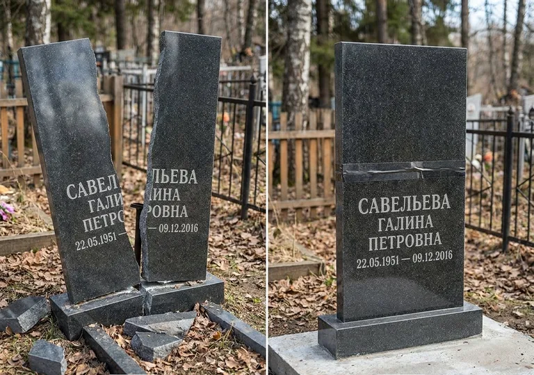 Склейка расколотого гранитного памятника: до и после в Калининграде