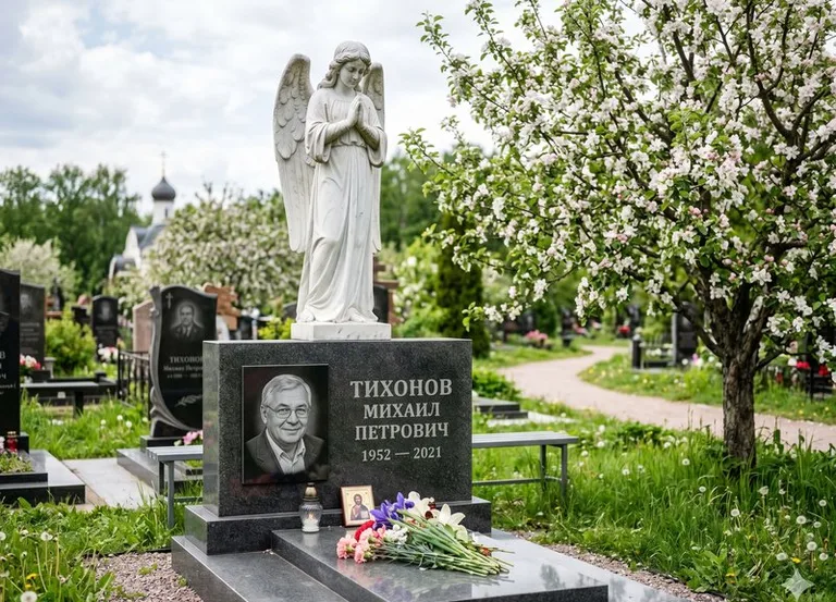 Мраморный молящийся ангел на гранитном памятнике весной в Калининграде