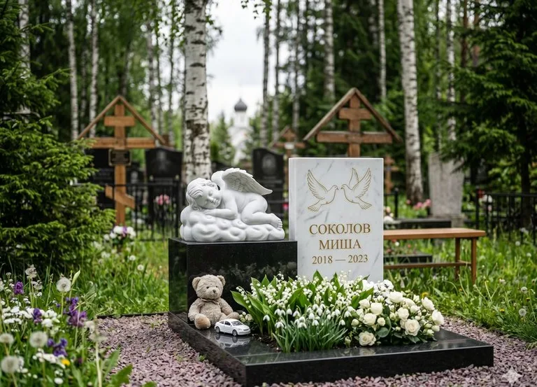 Белый ангелочек на детском памятнике в Калининграде