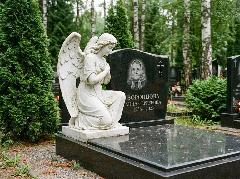 Белый мраморный ангел на гранитном памятнике в Калининграде
