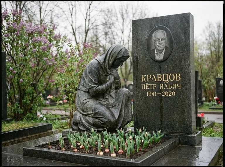 Гранитная скорбящая фигура у стелы на кладбище в Калининграде