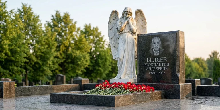 Скульптура на памятник в Калининграде — мраморный ангел на гранитном мемориале