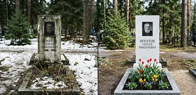 Диптих №6: высадка хризантем у подножия серого гранита — до и после уборки в Калининграде
