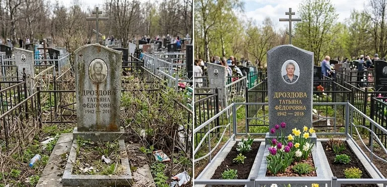 Диптих №4: свежепокрашенная серебром оградка и отмытый красный гранит — до и после в Калининграде