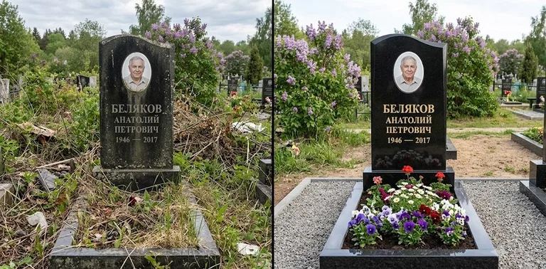 Уборка могилы до и после весной — цветущая сирень в Калининграде