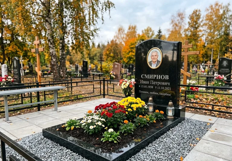 Ухоженная могила после уборки и мойки памятника в Калининграде