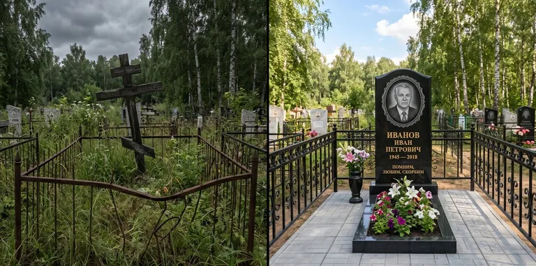 Благоустройство могилы до и после установки памятника в Калининграде