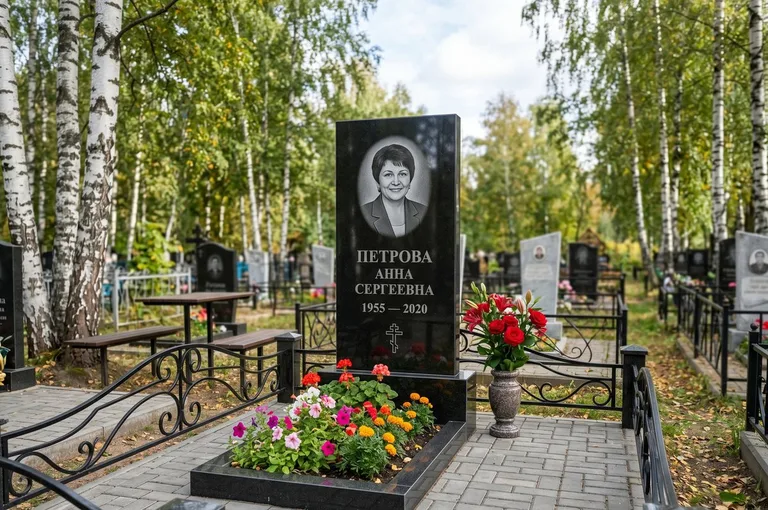 Гранитный памятник с цветником и плиткой в Калининграде