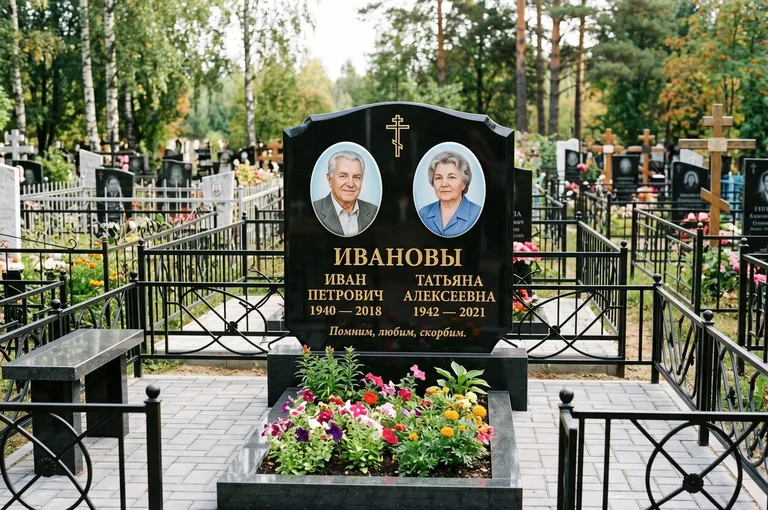 Установленный гранитный памятник с цветником и благоустройством в Калининграде