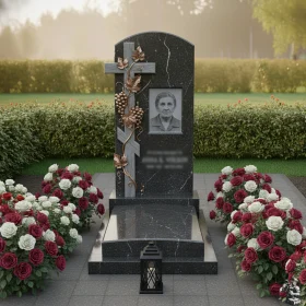 Гранитный вертикальный памятник с крестом для одного - ПН086