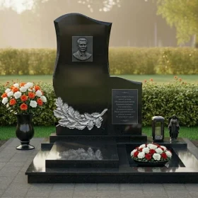 Вертикальный памятник из гранита и металла с мемориальным комплексом - ПН148