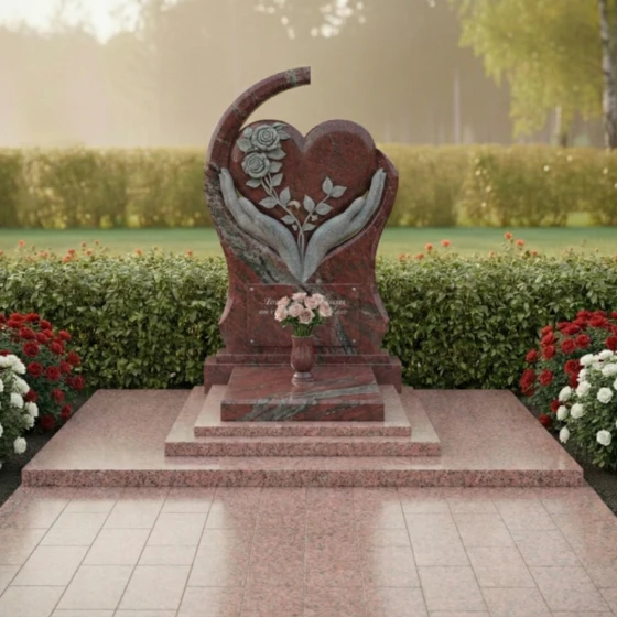 Гранитный мемориал в форме арки с резным сердцем и розами, гранит Лезниковский