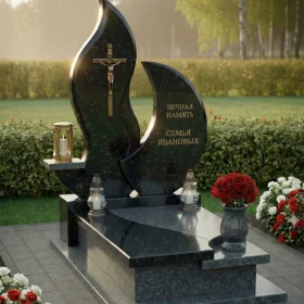 Православный гранитный памятник с крестом и мемориальным комплексом - ПН239