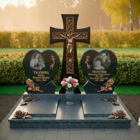 Элитный православный памятник из гранита и металла с крестом для двоих - ПН248