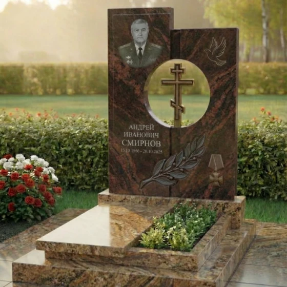 Гранитный памятник с круглым проемом и голубем, гранит Дымовский