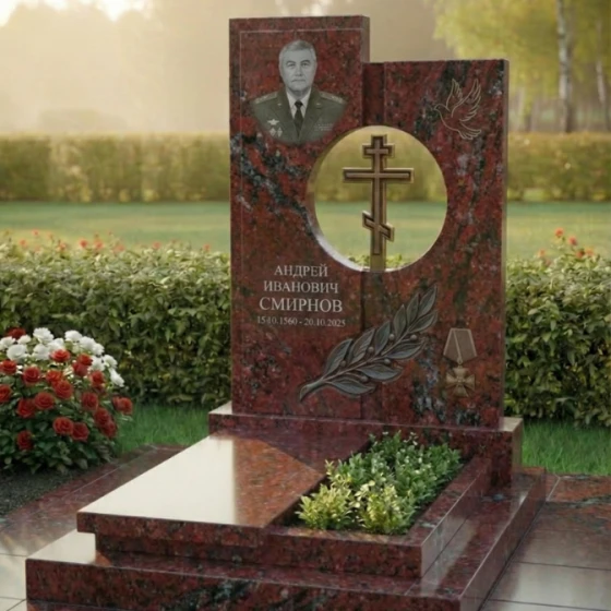 Гранитный памятник с круглым проемом и голубем, гранит Лезниковский