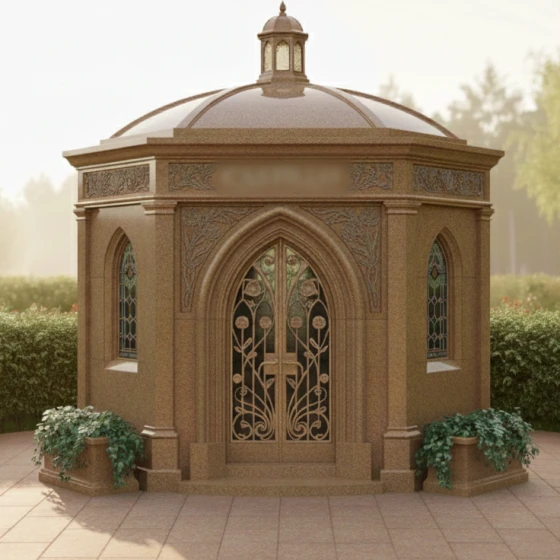Гранитный мемориал-мавзолей с аркой и готическими узорами, гранит Дымовский