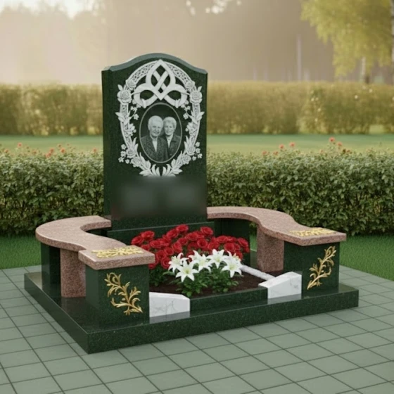 Памятник гранитный двойной с аркой и орнаментом, гранит Балтик грин