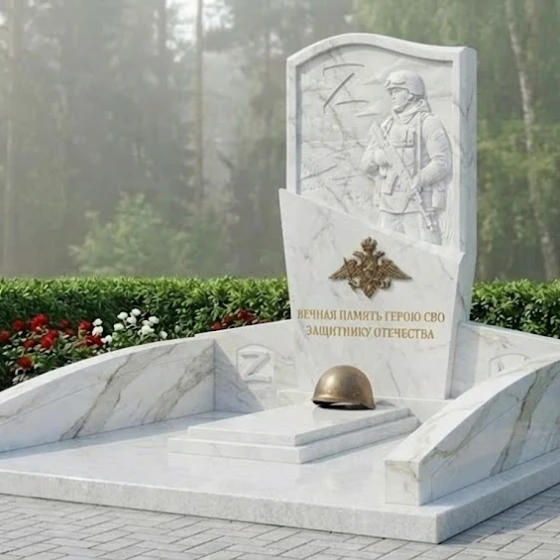 Гранитный памятник воину СВО с барельефом, мрамор Тассос