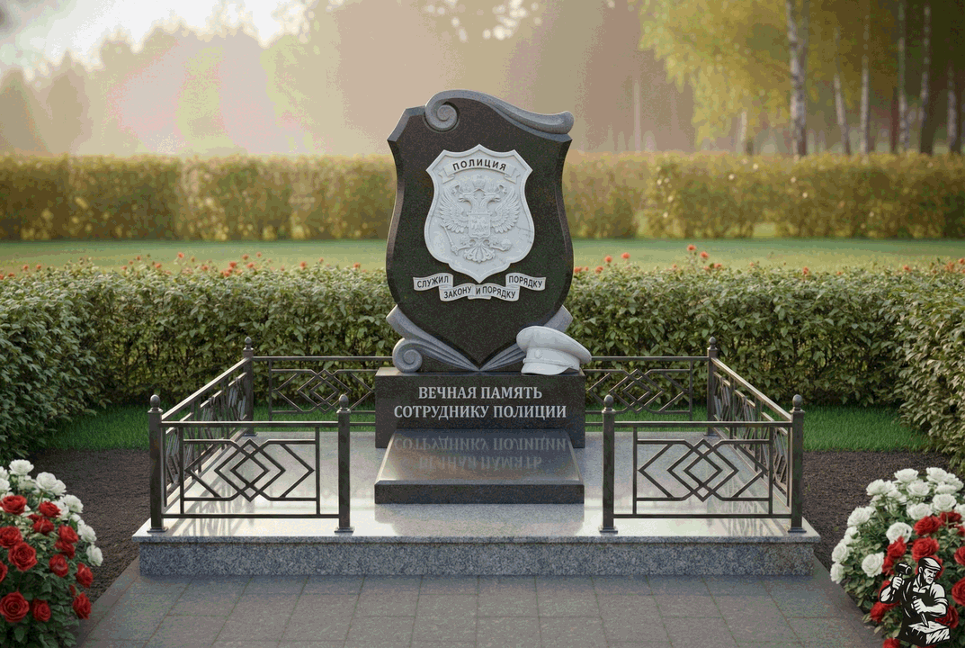 Пример дизайна: Гранитная стела в форме геральдического щита со свитком