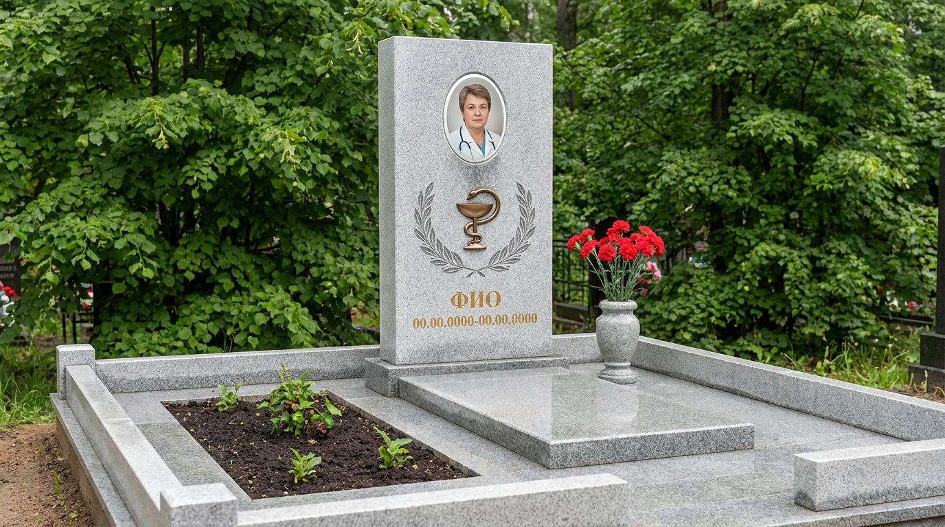 Пример дизайна: Гранитный памятник врачу с белым крестом