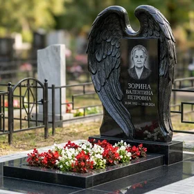 Мемориал с крылом ангела из черного габбро-диабаза с глубокой фрезеровкой