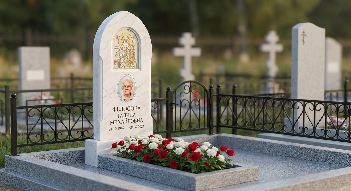 Пример дизайна: Мемориал с иконой Богородицы из белого мрамора
