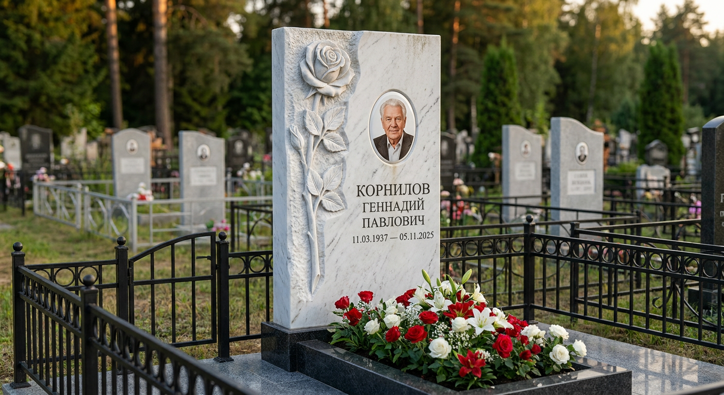 Пример дизайна: Памятник с розой из белого мрамора с художественной резьбой